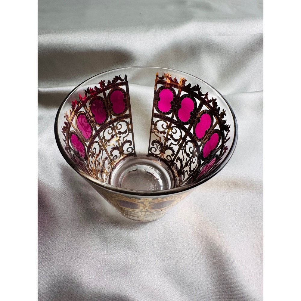 Culver Cranberry Scroll 22KT Gold Flared Rocks Whiskey Lowball Glasses 4 MCM - Picture 8 of 13